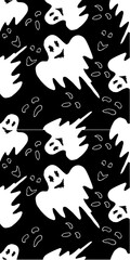 Hand drawn seamless Halloween pattern. White ghosts  on a black background. Vector illustration.
