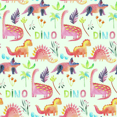 Pattern with dinosaurs watercolor cartoon style