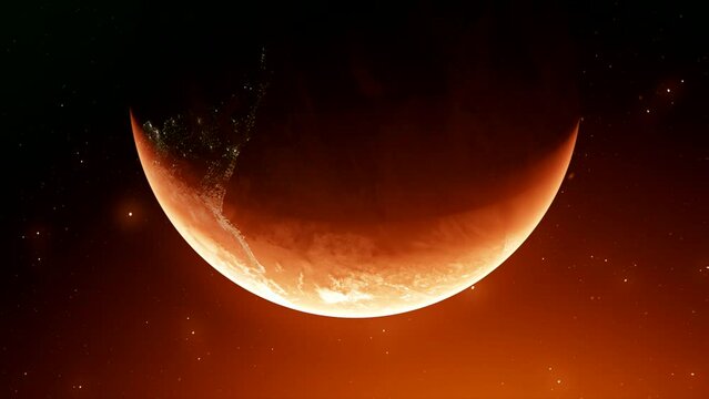 Burns Earth planet earth in outer space. Motion. Apocalypse concept, end of the world, rotating planet getting closer to the burning source of heat.
