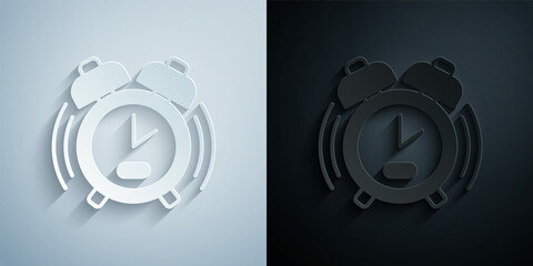 Paper cut Alarm clock icon isolated on grey and black background. Wake up, get up concept. Time sign. Paper art style. Vector