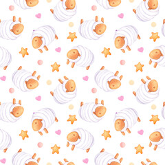 Eco toy lamb and stars pattern watercolor. Design for logo, baby textile, nursery decor, children decoration, kids room, prints, baby shower, greeting card