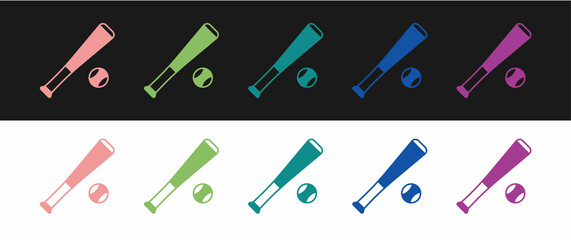 Set Baseball bat with ball icon isolated on black and white background. Vector