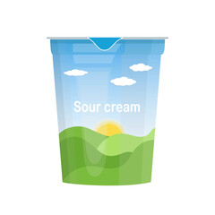Sour cream, yogurt, soft or cottage cheese big plastic or cardboard jar container, packaging with farm label, cartoon style vector illustration isolated on white background