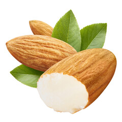 Almonds with leaves, isolated on white background
