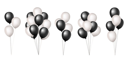 3d baloons bunch set. Black and white realistic helium baloons