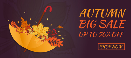 Autumn sale banner. Hello autumn. Umbrella with autumn leaves.