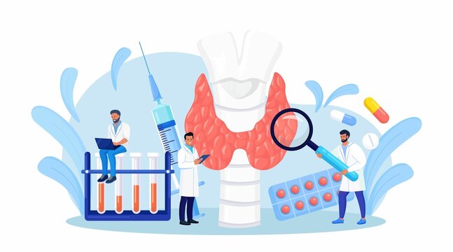 Endocrinologists diagnose and treat human thyroid gland. Doctors make blood test on hormones. Hypothyroidism, hyperthyroidism concept. Thyroid examination. Health and medical treatment