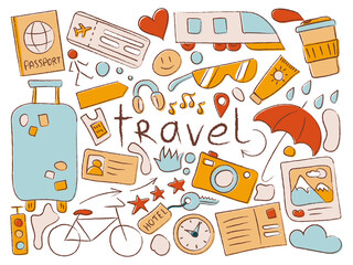 A set of objects on the theme of travel and vacation with the inscription travel. Tourism, transport, weather, items. Vector illustration