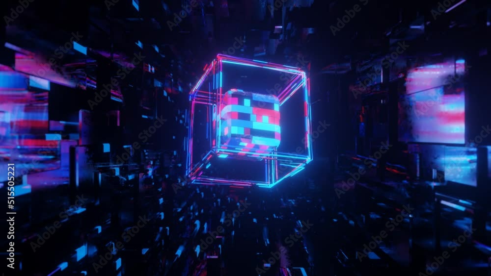 Aufkleber 3d object or structure rotates and moves inside glass mirror tunnel with neon light, bright reflecti