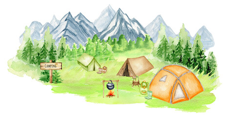 Watercolor Summer camping landscape with tent, campfire, forest, mountains. Sport camp adventures in nature, hiking, trekking vacation tourism isolated illustration on white background