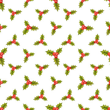 Seamless Christmas pattern with holly berries. 