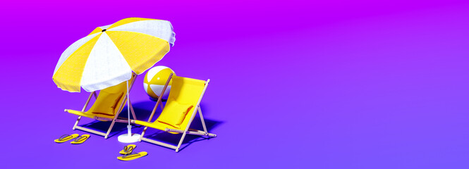 Two beach chairs with yellow parasol on vibrant violet background 3D Rendering, 3D Illustration