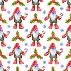 Seamless repetitive pattern with cute Christmas gnomes and fur trees and decorations depicted on white background