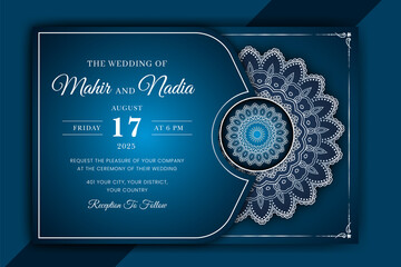 Fototapeta na wymiar Luxury Mandala Wedding Invitation Card template with golden arabesque pattern Arabic Islamic east background style. Editable vector file. Decorative mandala for print, poster, cover, flyer, banner.