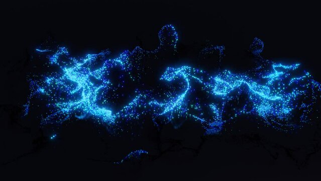 beautiful transform of object from particles in force field into abstract beautiful art object of glow particles, beautiful pattern in air, bend surface and curls structure. 3d art performance as bg