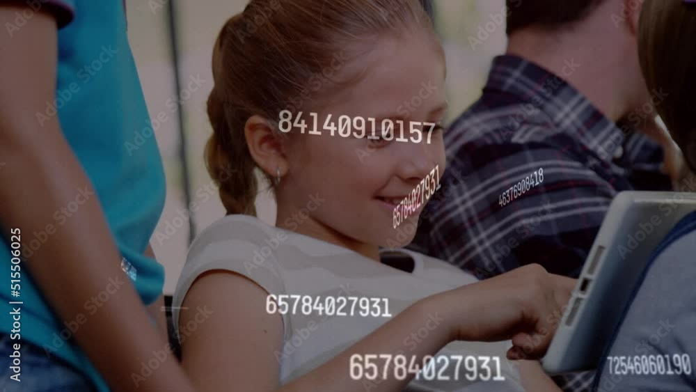 Poster animation of data processing over caucasian girl using tablet