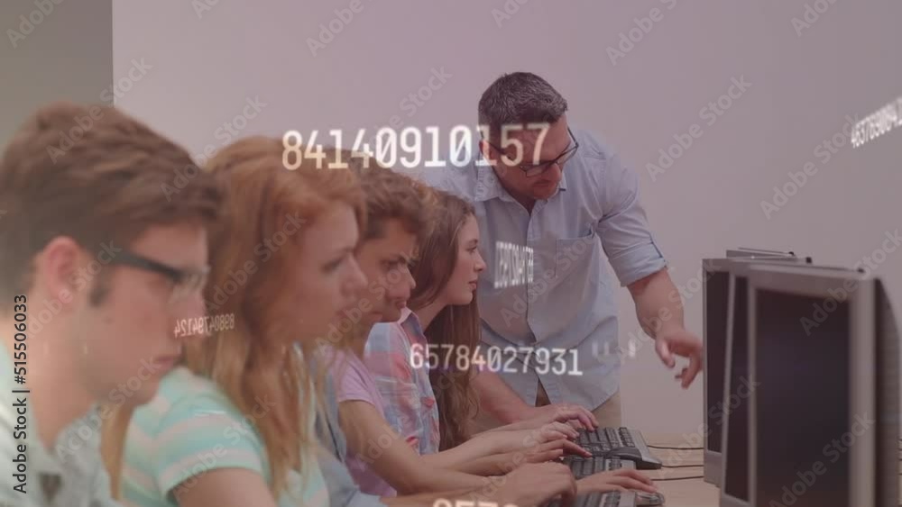 Poster animation of numbers over caucasian male teacher and students using computers