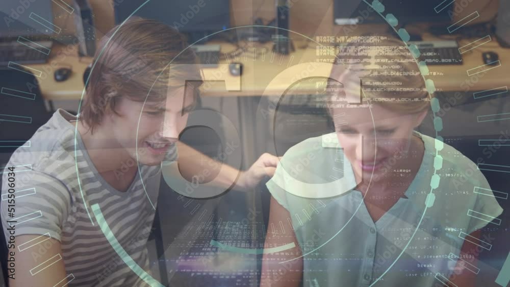Poster animation of data processing and 5g over teenage caucasian boy and girl using computer