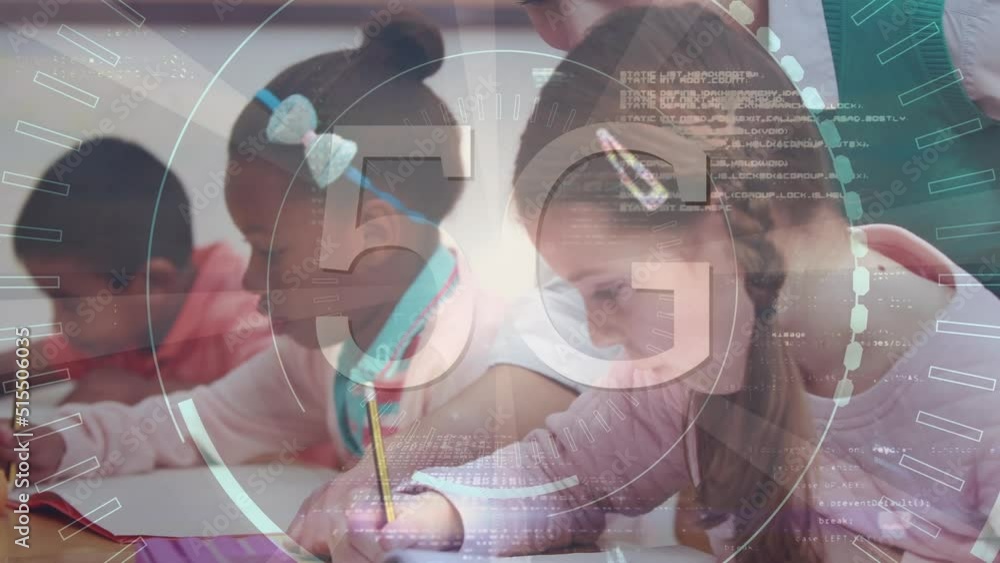 Poster animation of data processing and 5g over class of diverse pupils learning at school