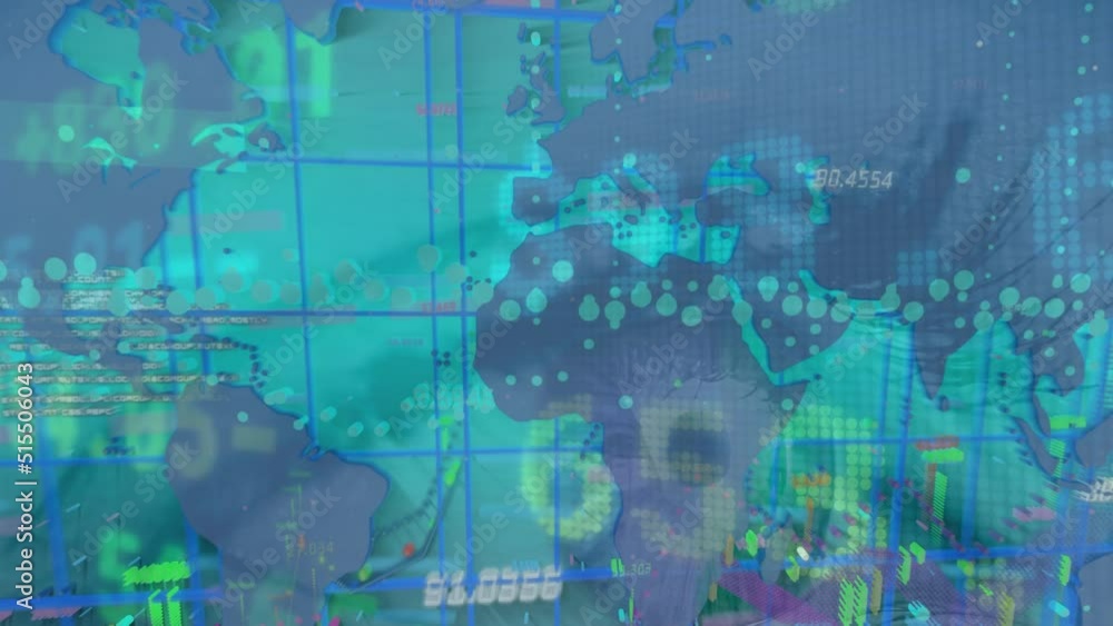 Poster animation of financial data and world map on green background