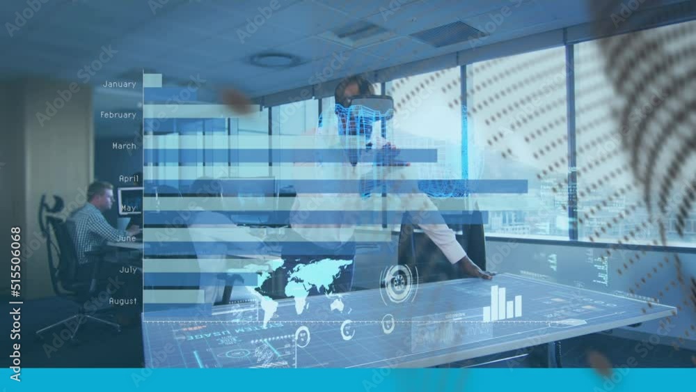 Poster animation of graphs and financial data over caucasian man in vr headset in office