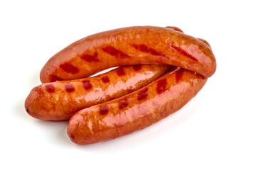 Roasted pork sausages bbq, isolated on white background.