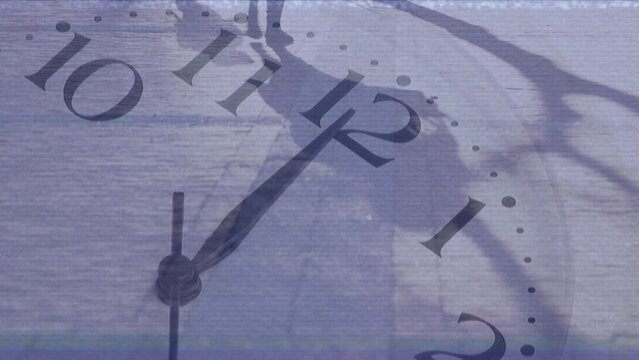 Animation of clock with glitch and legs of people walking