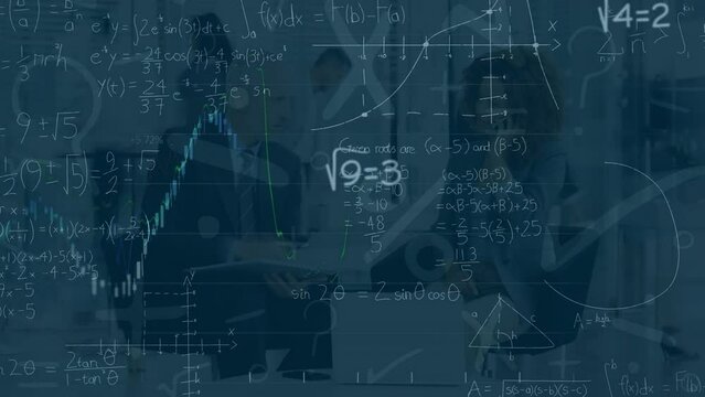 Animation of math formulas over timelapse with diverse businesspeople in office