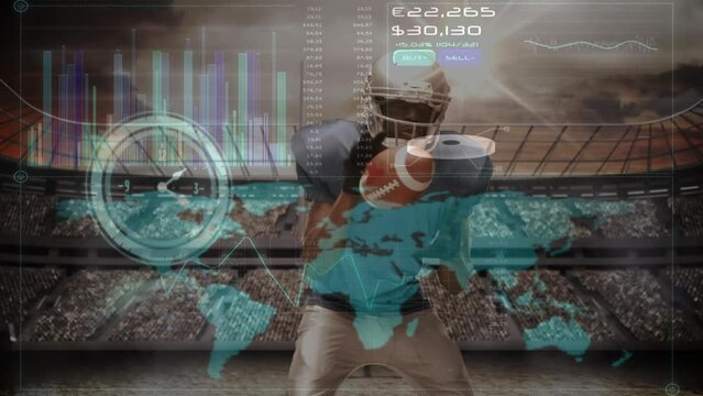 Animation of digital screen over diverse male american football players at stadium