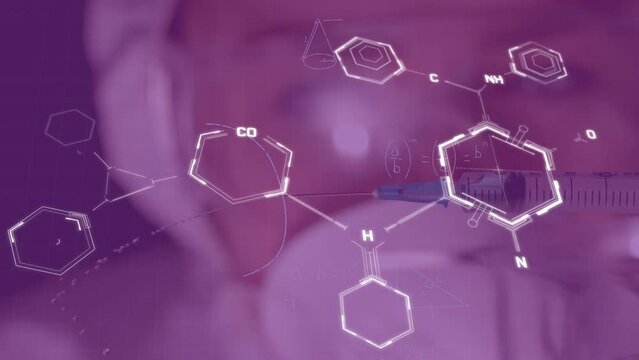 Animation of chemical formulas over blurred scientist on purple background