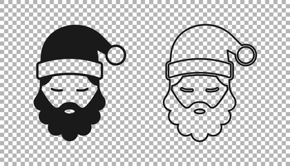 Black Santa Claus hat and beard icon isolated on transparent background. Merry Christmas and Happy New Year. Vector
