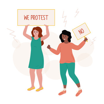 Women protest. Demonstration with placards. Angry girls holding protest posters in hands. African american woman shoutes and raises fist. Flat vector illustration