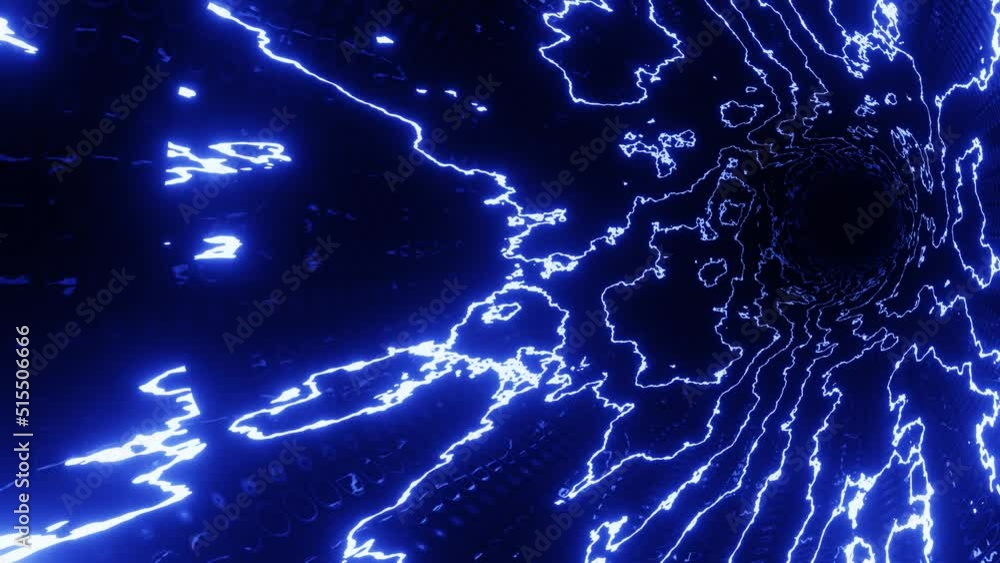 Poster hi-tech neon sci-fi tunel. trendy neon glow lines form pattern and construction in mirror tunnel. cu