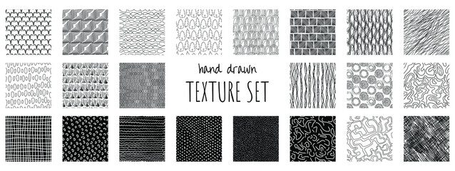 Plakat Collection of hand drawn black and white seamless textures. Vector illustration for textured paper, wrapping print, fabric, wallpaper, etc.