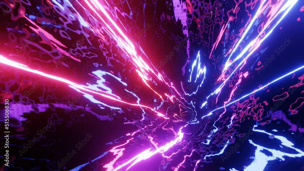 Poster Hi-tech neon sci-fi tunel. Trendy neon glow lines form pattern and construction in mirror tunnel. Sci-fi pattern with glow frames. Fly through technology cyberspace. 3d looped seamless 4k bg.
