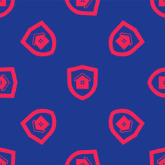 Red House with shield icon isolated seamless pattern on blue background. Insurance concept. Security, safety, protection, protect concept. Vector