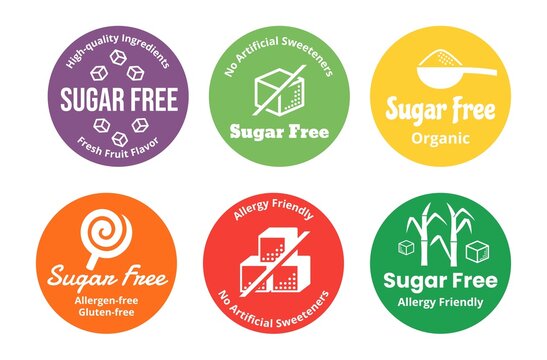 Sugar free allergy friendly colored circle stickers set vector organic food round packaging stamp