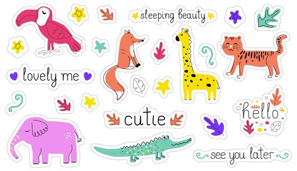 Stickers set. Cute abstract animals set. Hand drawn characters, handwritten letterings and other elements. Vector illustration