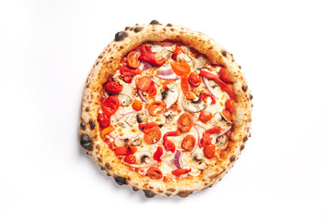 Top view of pizza topped with tomato, red pepper, red onion and mushrooms on a white background