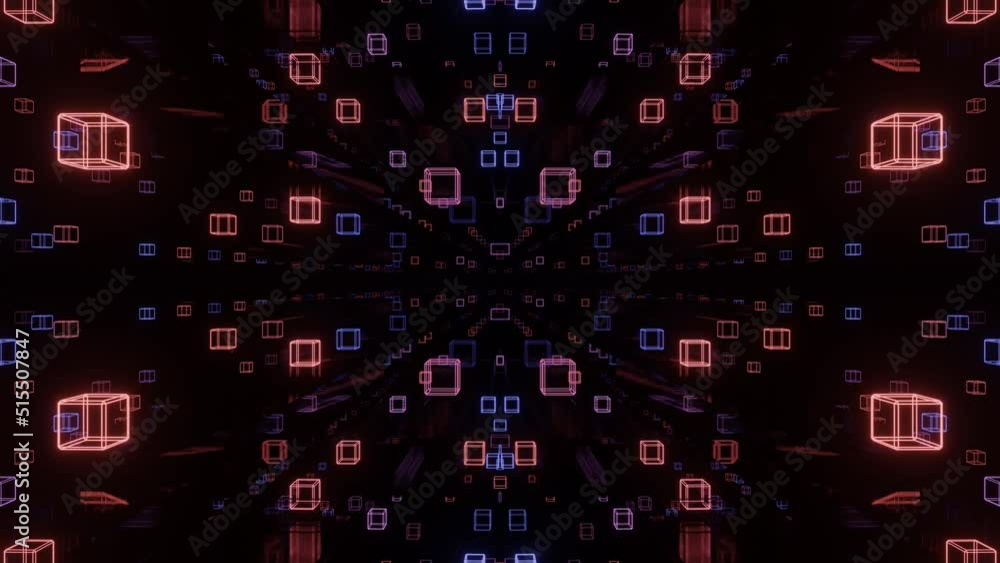 Poster fly through symmetrical tunnel with neon glow 3d objects, sci fi glow pattern. bright reflection neo