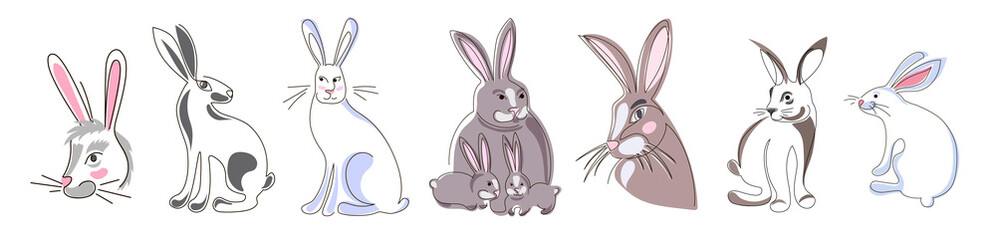 Set of seven bunnies. Cute bunnies in doodle style. Vector illustration, isolated on white background.
