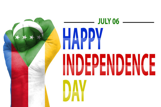 Happy Independence day or Modern Abstract Background with Fist Painted with Comoros flag. New 06th of July backdrop concept