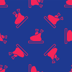 Red Roasted turkey or chicken icon isolated seamless pattern on blue background. Vector