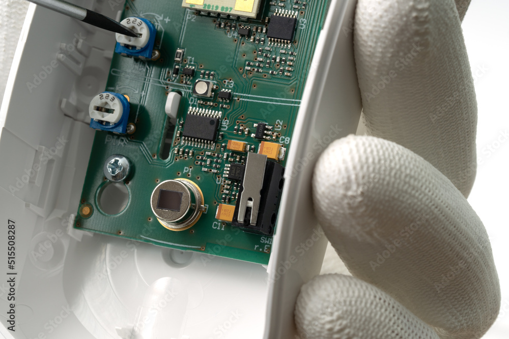 Poster adjusting motion sensor security systems on white background.