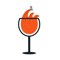 Vector illustration with glass of red wine with waves and surfer on surfboard. Funny vacation and surfing sport print design - 515508693