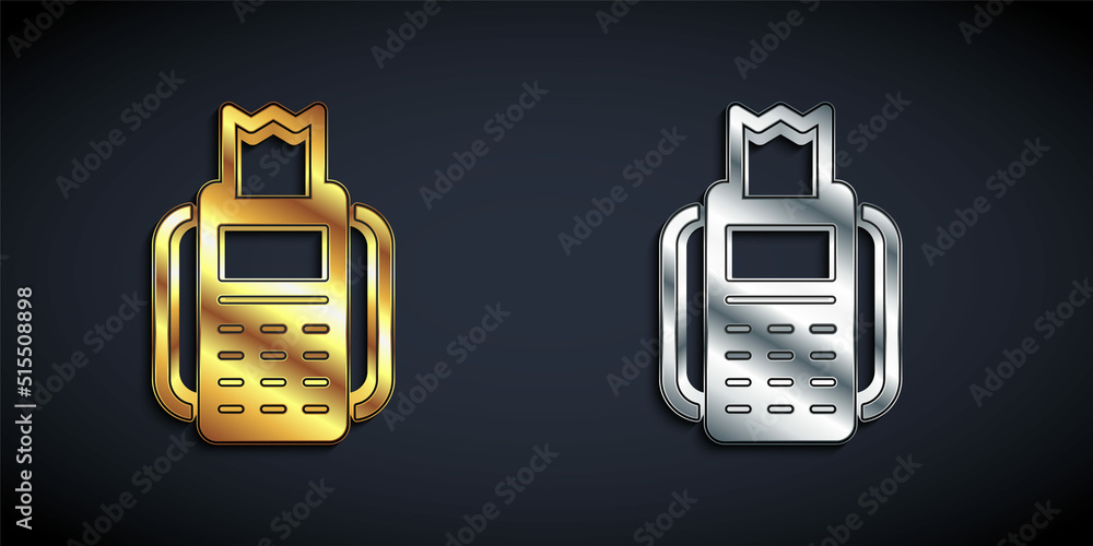 Poster gold and silver pos terminal with inserted credit card and printed reciept icon isolated on black ba