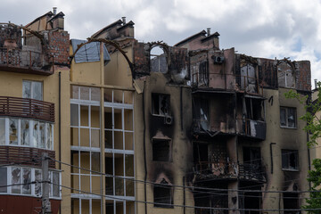 The structure of the roof of a burnt house.