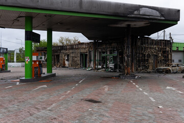 Gas station destroyed after fire. Danger, peril.