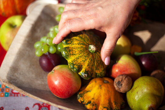 Autumn fruits. Harvest in village. Vegetables and fruits. Hand takes fruit.