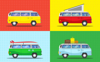 Vector of combi in pop art style. pop art. colorful campervan vector. different versions of a van.